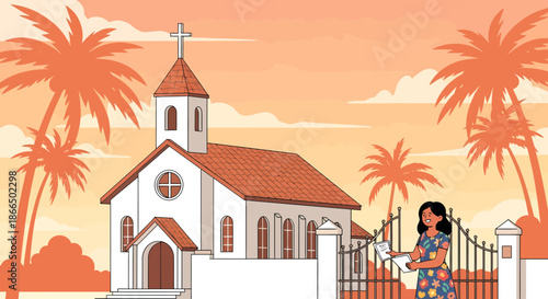 Tropical Church Illustration with Woman and Palm Trees.