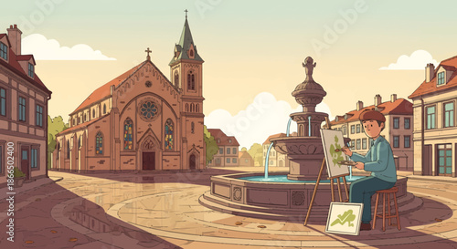 Artist Painting Fountain Scene in European Town Square Illustration.