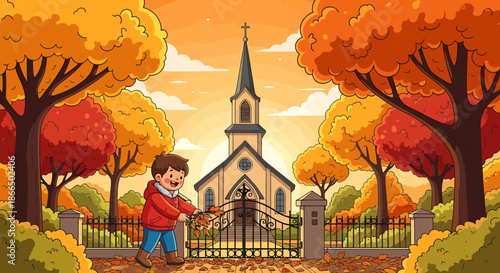 Boy at Church Gate in Autumn Landscape Illustration.
