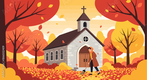 Autumn Church Scene A Person Approaching a Church in Fall.