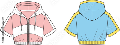 Short-sleeved cropped hoodie illustration, front and back view, fashion flat, apparel design, clothing template, color block, drawstring hood, zip front, casual wear, garment sketch
