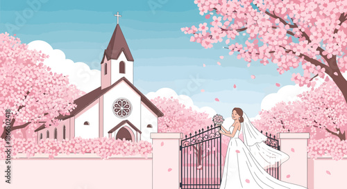 Bride in White Gown at Church Gate Surrounded by Cherry Blossoms.