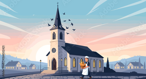 Cartoon Baker Delivering Bread in Front of a Church.