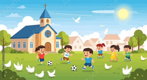 Children playing soccer in front of a church on a sunny day.