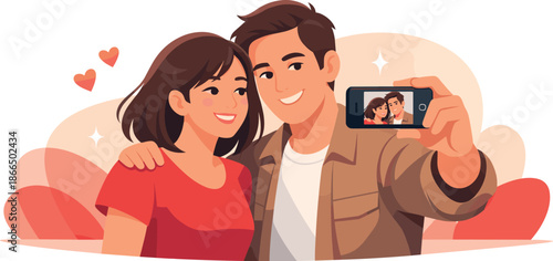 Couple Selfie Moment. Clean modern illustration of a couple capturing a shared photo with a phone, modern flat vector illustration