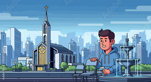 Cartoon Man with Shopping Cart in Cityscape Setting.