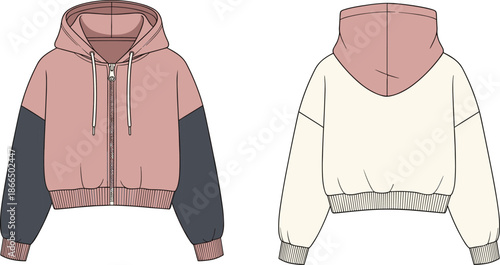 Color-block cropped hoodie technical sketch, front and back view, fashion flat, apparel design, clothing template, drawstring hood, zip front, ribbed cuff, casual wear, garment construction