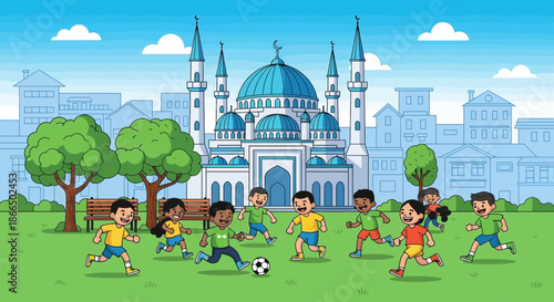 Children Playing Soccer in Front of a Mosque Illustration.