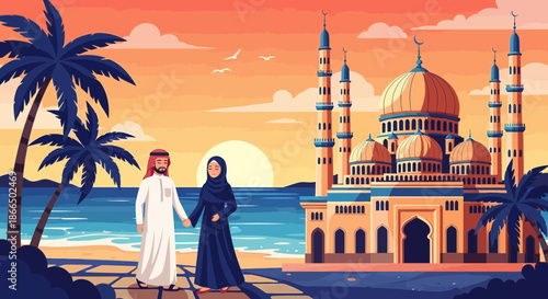 Couple by Mosque at Sunset A Romantic Arabian Scene.