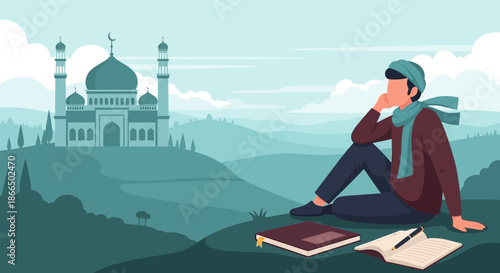 Contemplative Muslim Student Studying Outdoors with Mosque View.