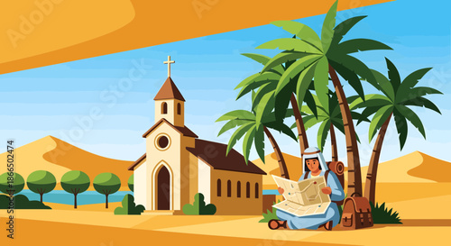 Desert Oasis Church and Bedouin Reading Under Palm Trees.