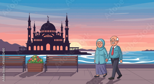 Elderly Couple Strolling Near Mosque at Sunset.