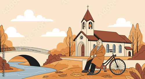 Elderly Man Resting with Bicycle Near Church and Bridge.