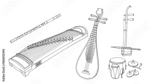Traditional stringed instruments in a quiet cultural ensemble display.
