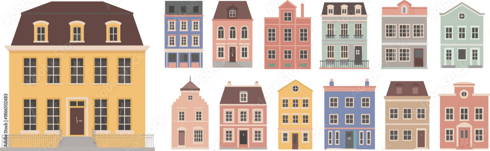 Fototapeta premium Urban architecture, residential buildings, pastel facades, mansard roof, balconies, decorative trims, cartoon style, polygon design, cityscape illustration