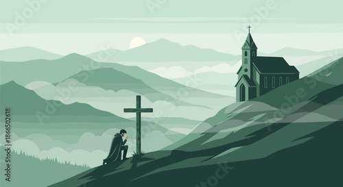 Man Praying at Cross with Church in Background Illustration.