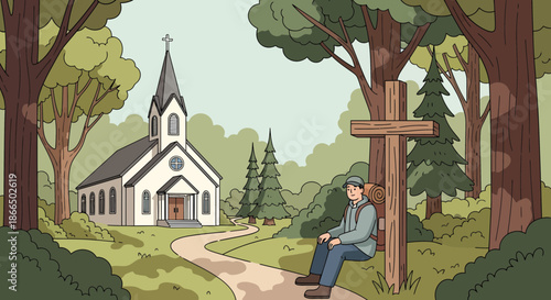 Man Contemplating Faith by a Cross Near a Church.