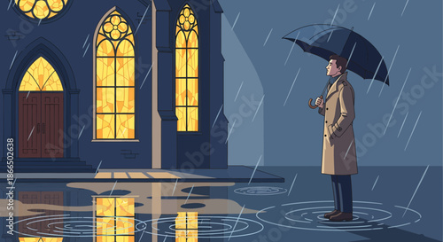 Man with Umbrella in Rain by Church Windows.