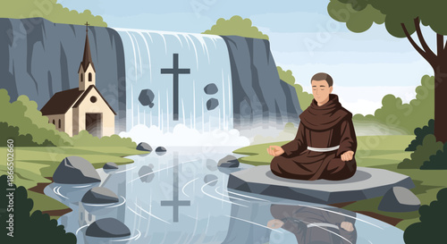 Monk Meditating by Waterfall with Cross and Church Illustration.