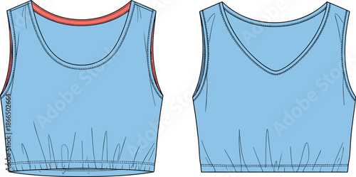 Sleeveless crop top technical sketch, round and V-neckline, fashion flat, apparel design, clothing template, gathered hem, stitching detail, front view, neckline variation, casual wear