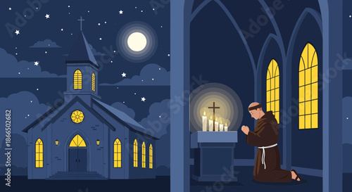 Monk praying in a church at night seeking spiritual guidance.