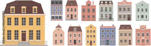 Urban architecture, residential buildings, pastel facades, mansard roof, balconies, decorative trims, cartoon style, polygon design, cityscape illustration
