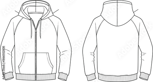 Zip-up raglan hoodie technical sketch, front and back view, fashion flat, apparel design, clothing template, kangaroo pocket, drawstring hood, ribbed cuff, casual wear, garment construction