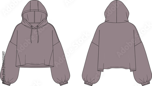 Oversized hoodie technical sketch, front and back view, fashion flat, apparel design, clothing template, dropped shoulder, voluminous sleeve, curved hem, casual wear, muted purple