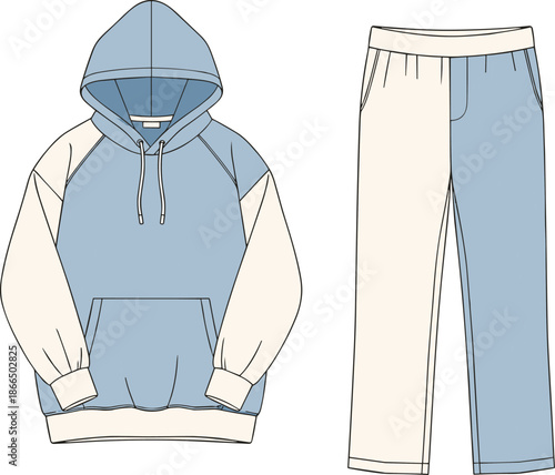 Two-tone hoodie and sweatpants illustration, fashion flat, casual wear, apparel design, clothing template, coordinated outfit, color block, front view, drawstring hood, elastic waistband