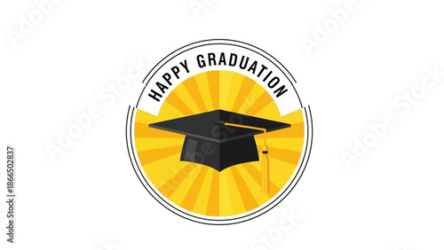 Happy Graduation Celebration A Festive Emblem Featuring a Graduation Cap and Sunshine