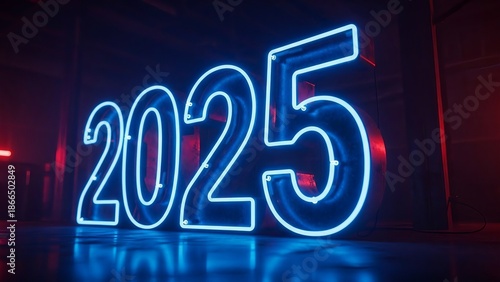 Futuristic blue neon sign displaying the year 2025
