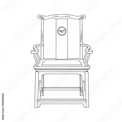 Minimalist line drawing of a wooden chair on a small stand with armrests and high back that highlights craftsmanship.