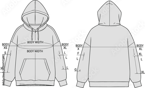 Hoodie measurement technical sketch, front and back view, fashion flat, garment sizing chart, apparel template, clothing construction, body width, sleeve length, casual wear, hoodie spec