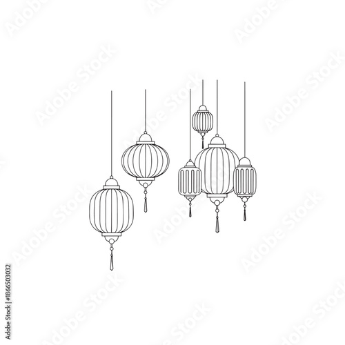 Hanging decorative lanterns in a minimalist setting for a festive cultural display.