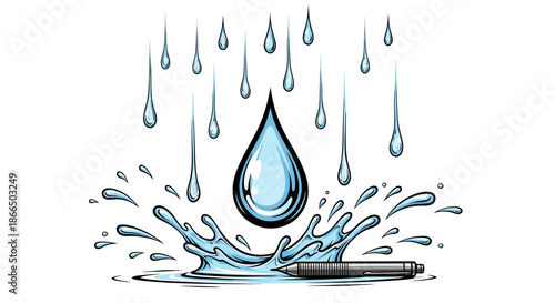 Water Droplet Splashing with Raindrops Falling Around.