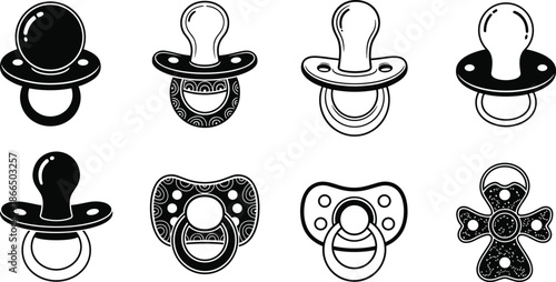 Baby pacifier silhouettes collection featuring infant soothers and teething accessories in black and white for childcare, newborn products, and minimalist vector illustration