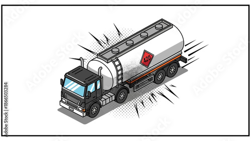 Isometric comic style fuel tanker truck with hazard warning symbol