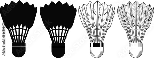 Badminton shuttlecock silhouette and outline vector icons set, feather birdie sports equipment illustration, black and white design isolated