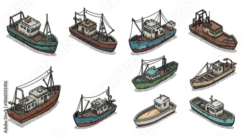 Collection of vintage fishing boats in detailed sketch style