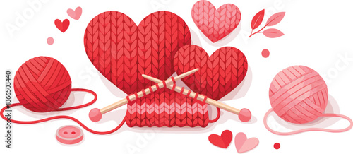 Knitted Hearts Art. Clean modern craft illustration expressing love through knitting, texture, and warmth, modern flat vector