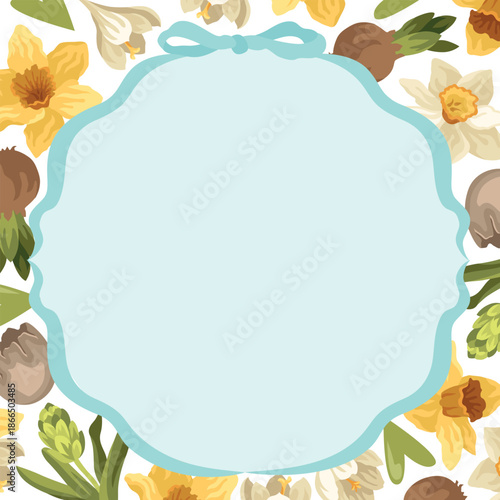 Hand-drawn Easter card with frame and a bow, spring flowers like daffodil and crocus, eggshell and flower bulbs background