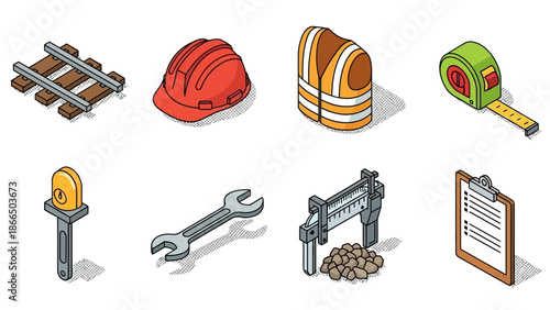 Isometric construction tools with hard hat, tape measure, and wrench on white background
