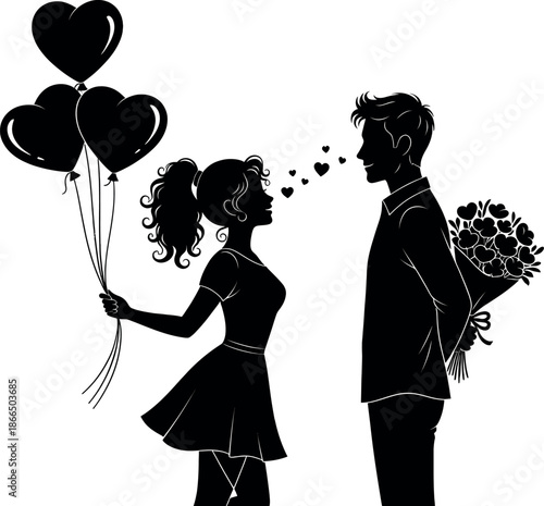 Black silhouette of romantic couple with heart balloons and flowers