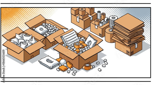 Isometric cardboard boxes with packing materials in warehouse setting