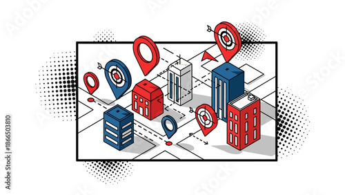 Urban navigation with isometric city map and location pins