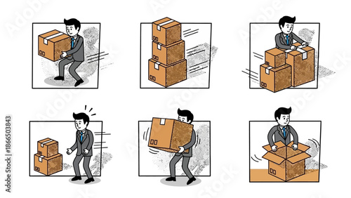 Cartoon businessman handling box packages in comic style panels