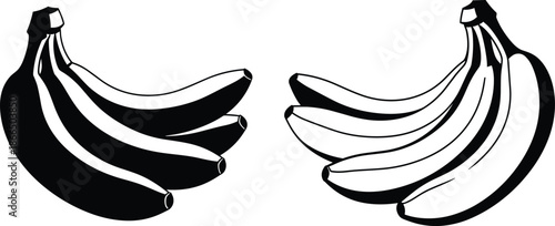 Banana bunch silhouettes set featuring fresh tropical fruit shapes for healthy food concepts, grocery design, and minimalist black and white vector illustration