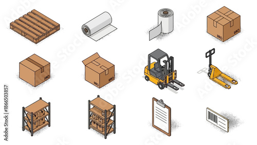 Isometric warehouse supplies including boxes, forklift, and pallet jack