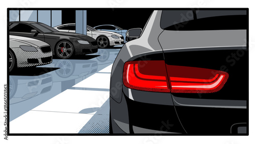 Pop art style car showroom with retro comic aesthetic