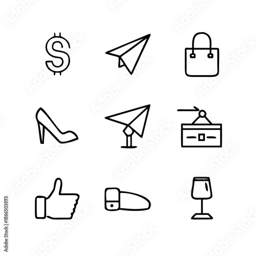 Collection of simple line icons including dollar sign, paper airplane, shopping bag, shoe, and wine glass